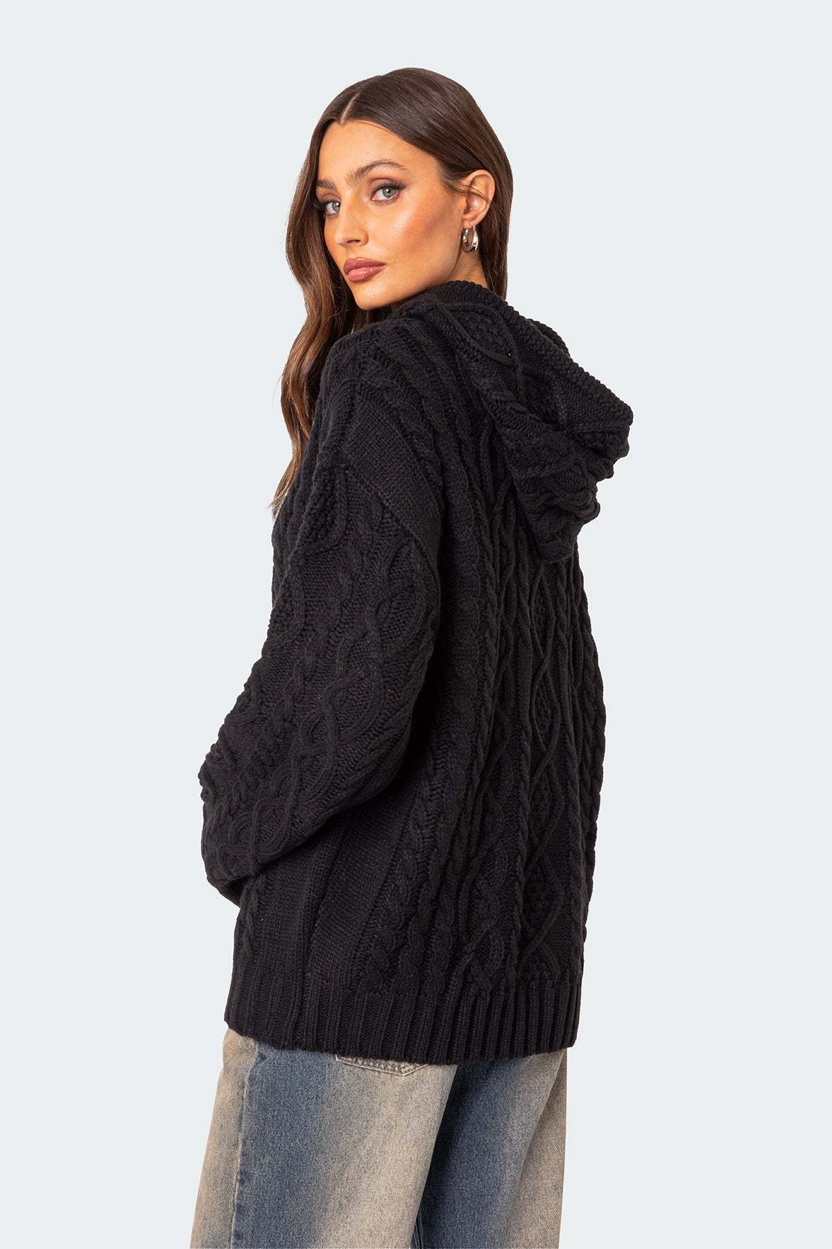 Oversized Cable Knit Hoodie - BLACK
