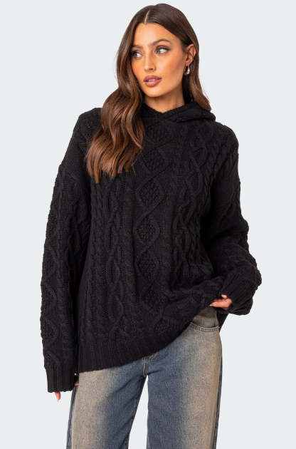 Oversized Cable Knit Hoodie - BLACK