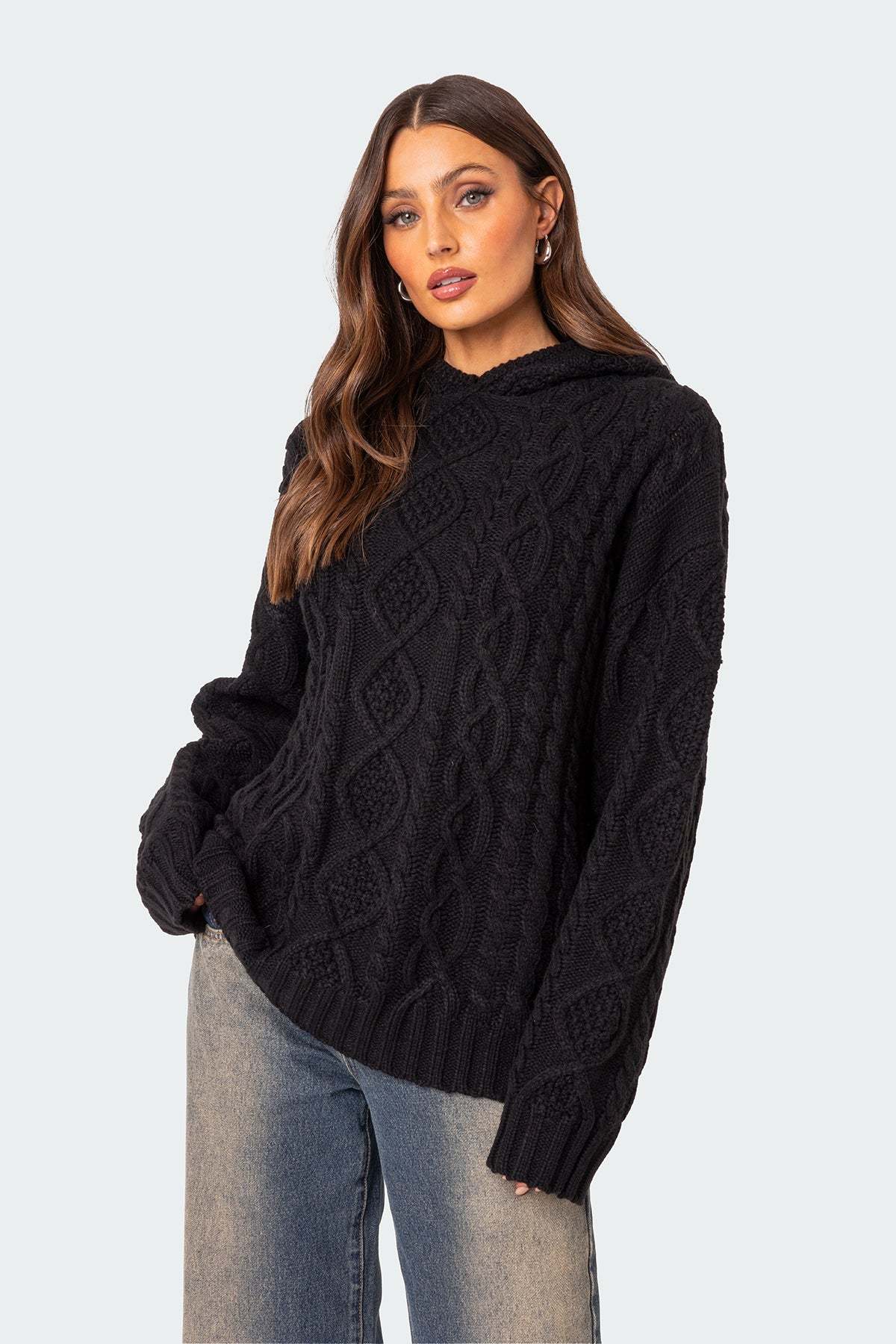 Oversized Cable Knit Hoodie - BLACK
