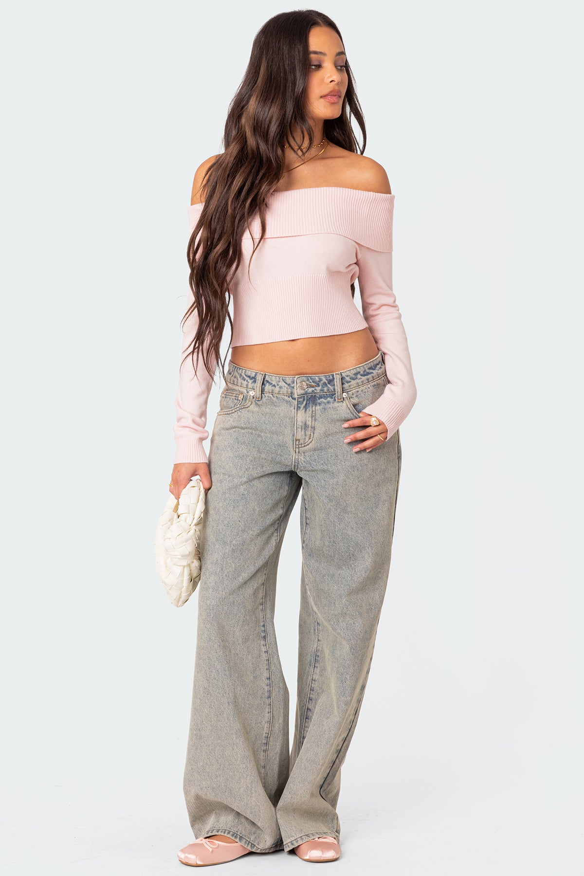 Minnie Cropped Fold Over Knit Top - LIGHT PINK