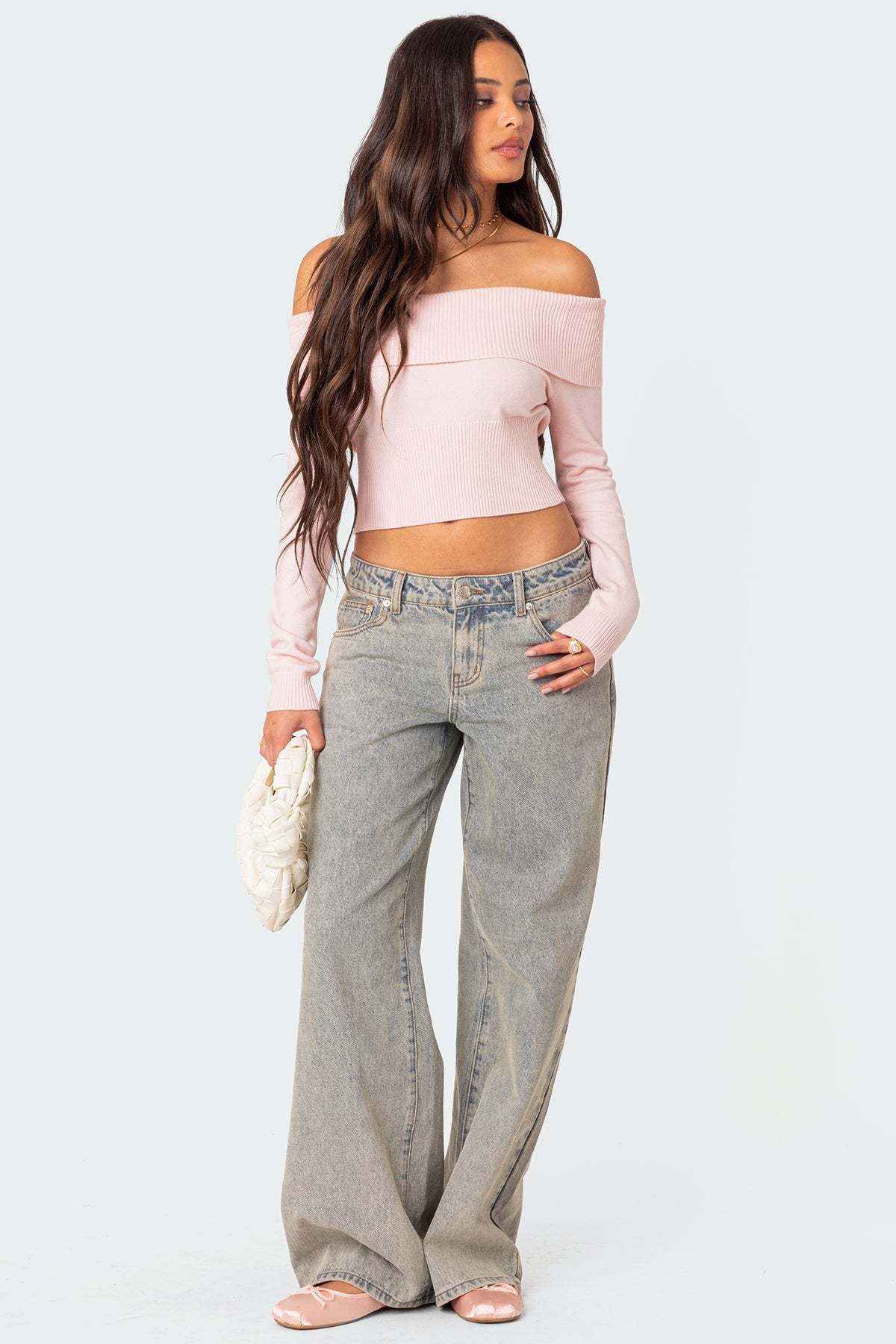 Minnie Cropped Fold Over Knit Top - LIGHT PINK