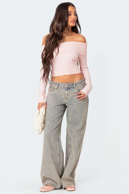 Minnie Cropped Fold Over Knit Top - LIGHT PINK