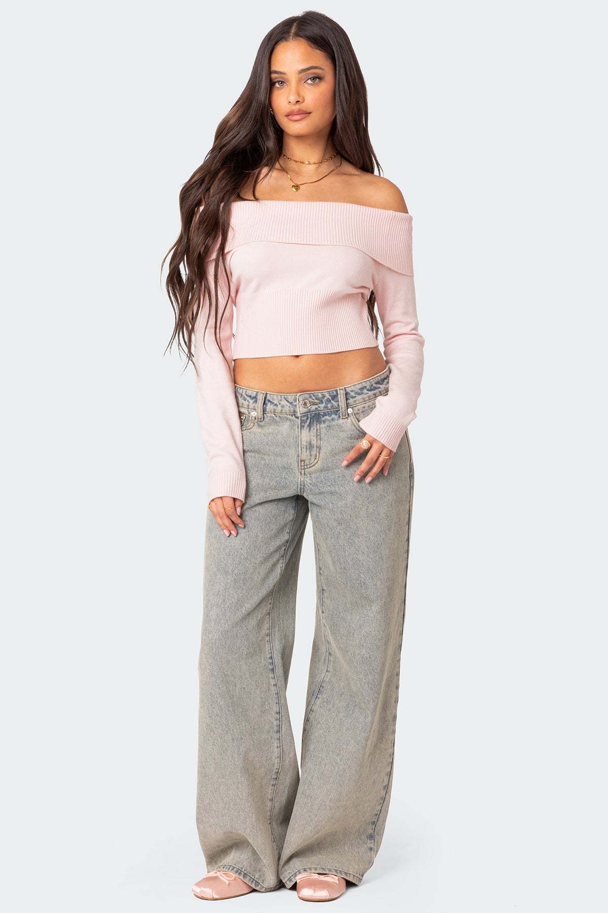 Minnie Cropped Fold Over Knit Top - LIGHT PINK