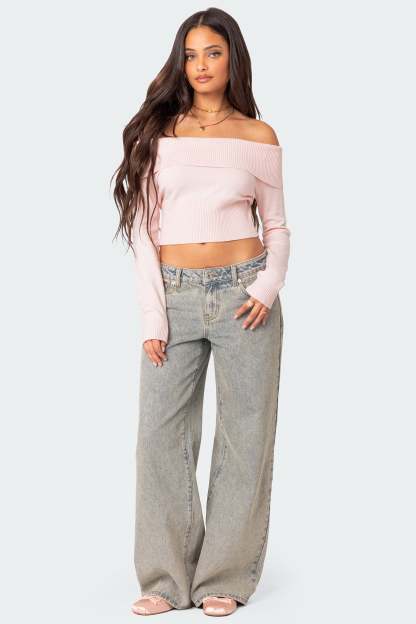 Minnie Cropped Fold Over Knit Top - LIGHT PINK