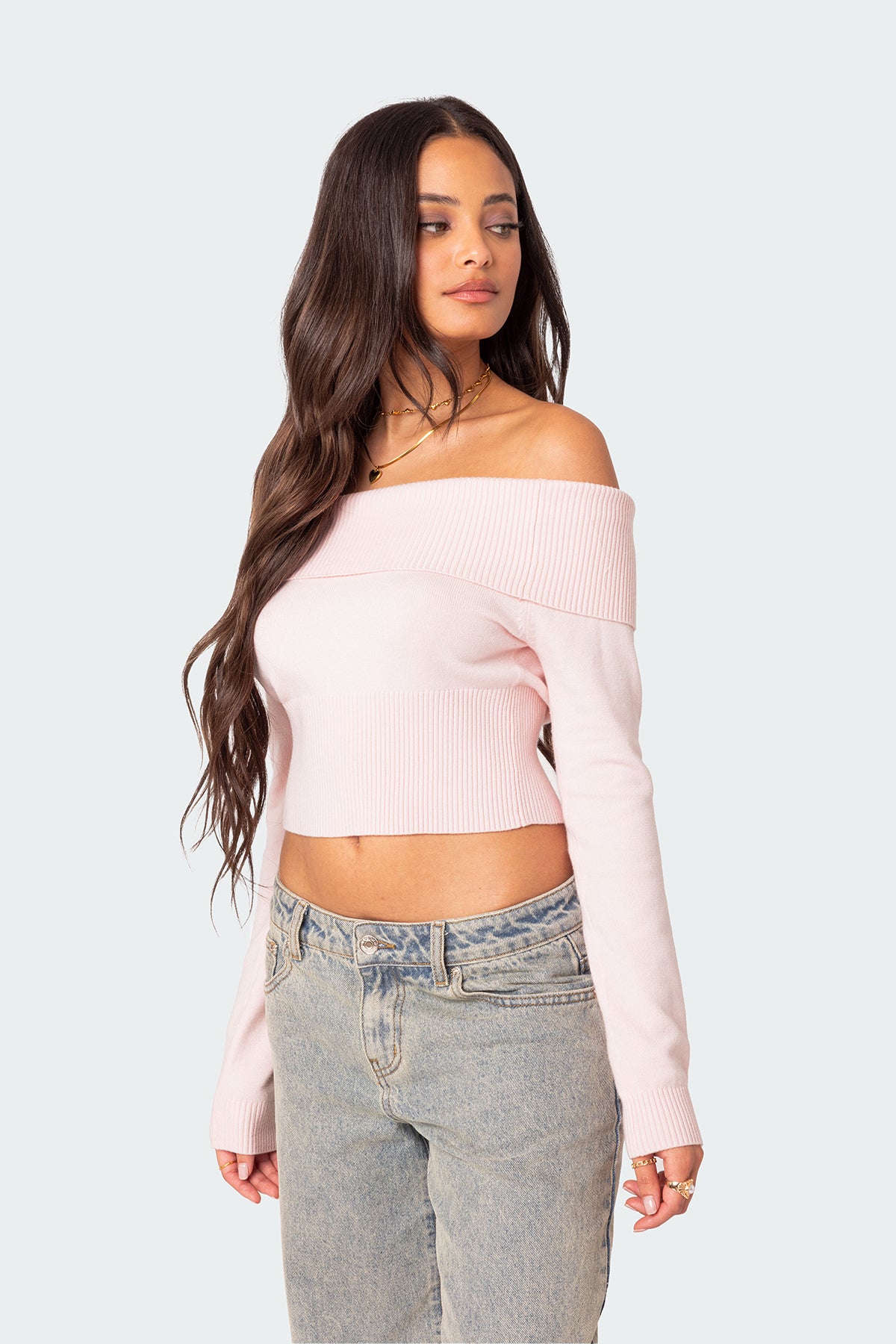 Minnie Cropped Fold Over Knit Top - LIGHT PINK