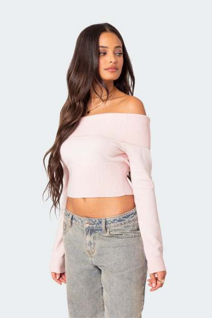 Minnie Cropped Fold Over Knit Top - LIGHT PINK