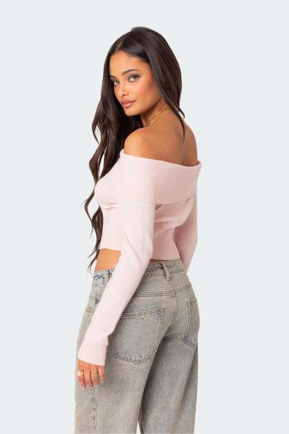 Minnie Cropped Fold Over Knit Top - LIGHT PINK