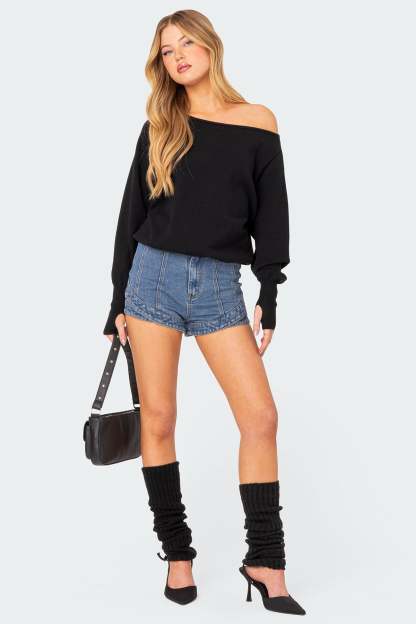 Off Shoulder Oversized Sweater - BLACK