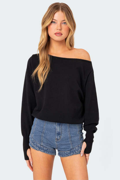 Off Shoulder Oversized Sweater - BLACK