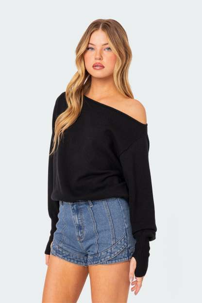Off Shoulder Oversized Sweater - BLACK
