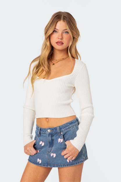 Misty Scoop Neck Ribbed Top - WHITE