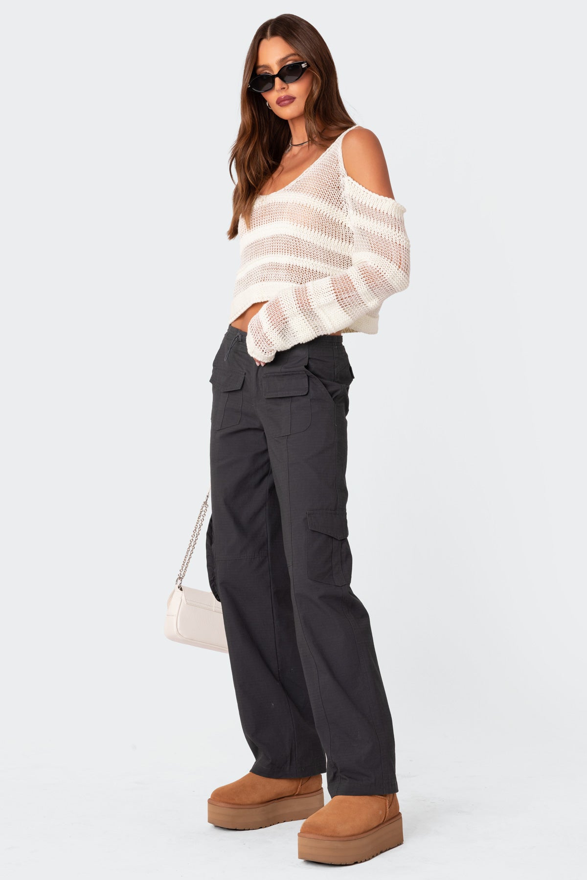 Textured Knit Open Shoulder Sweater - WHITE