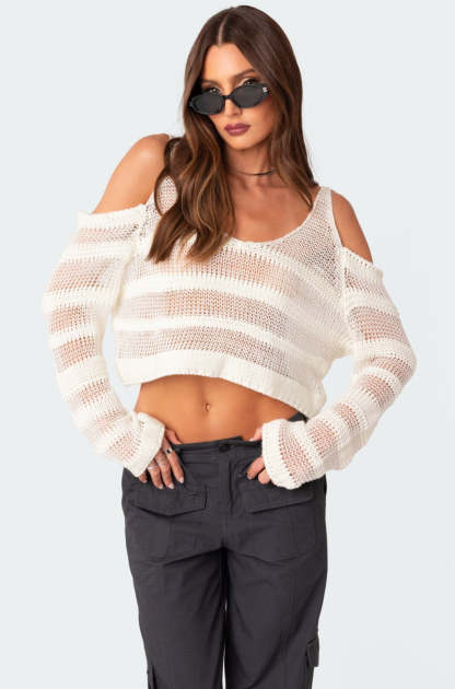 Textured Knit Open Shoulder Sweater - WHITE