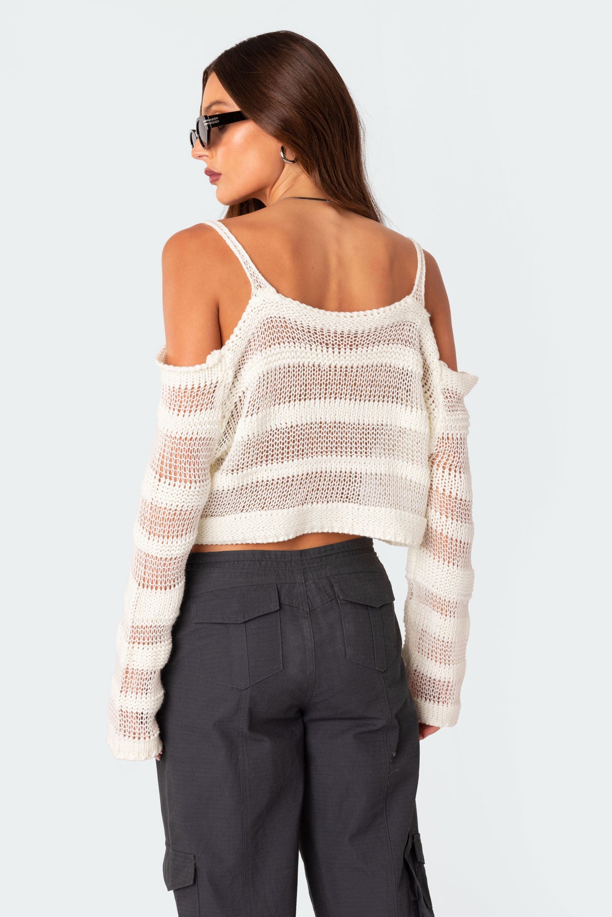 Textured Knit Open Shoulder Sweater - WHITE