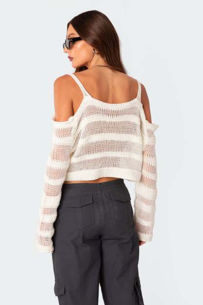 Textured Knit Open Shoulder Sweater - WHITE