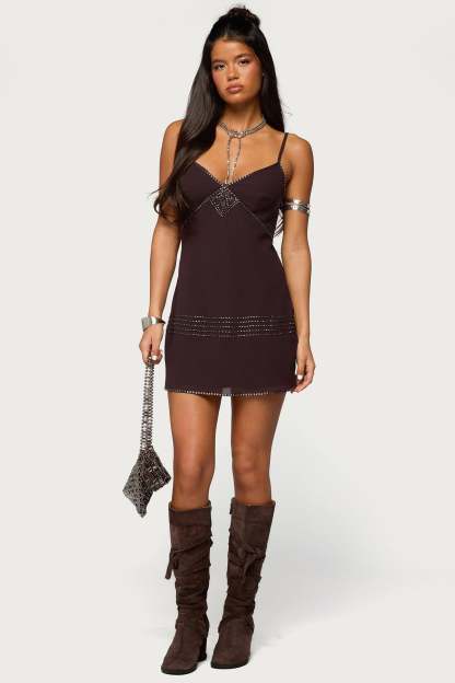 Raquelle Beaded Mini Dress - BROWN