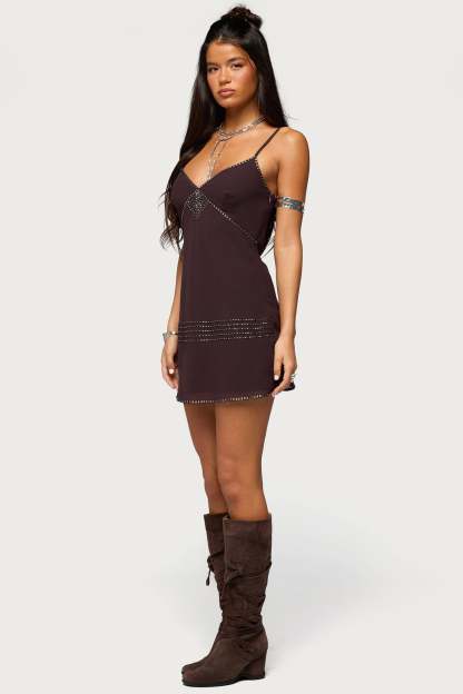Raquelle Beaded Mini Dress - BROWN