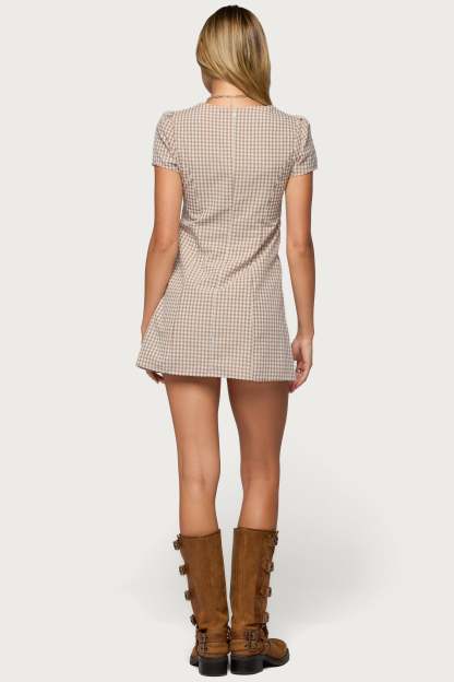 Arli Gingham Button Up Romper - BROWN