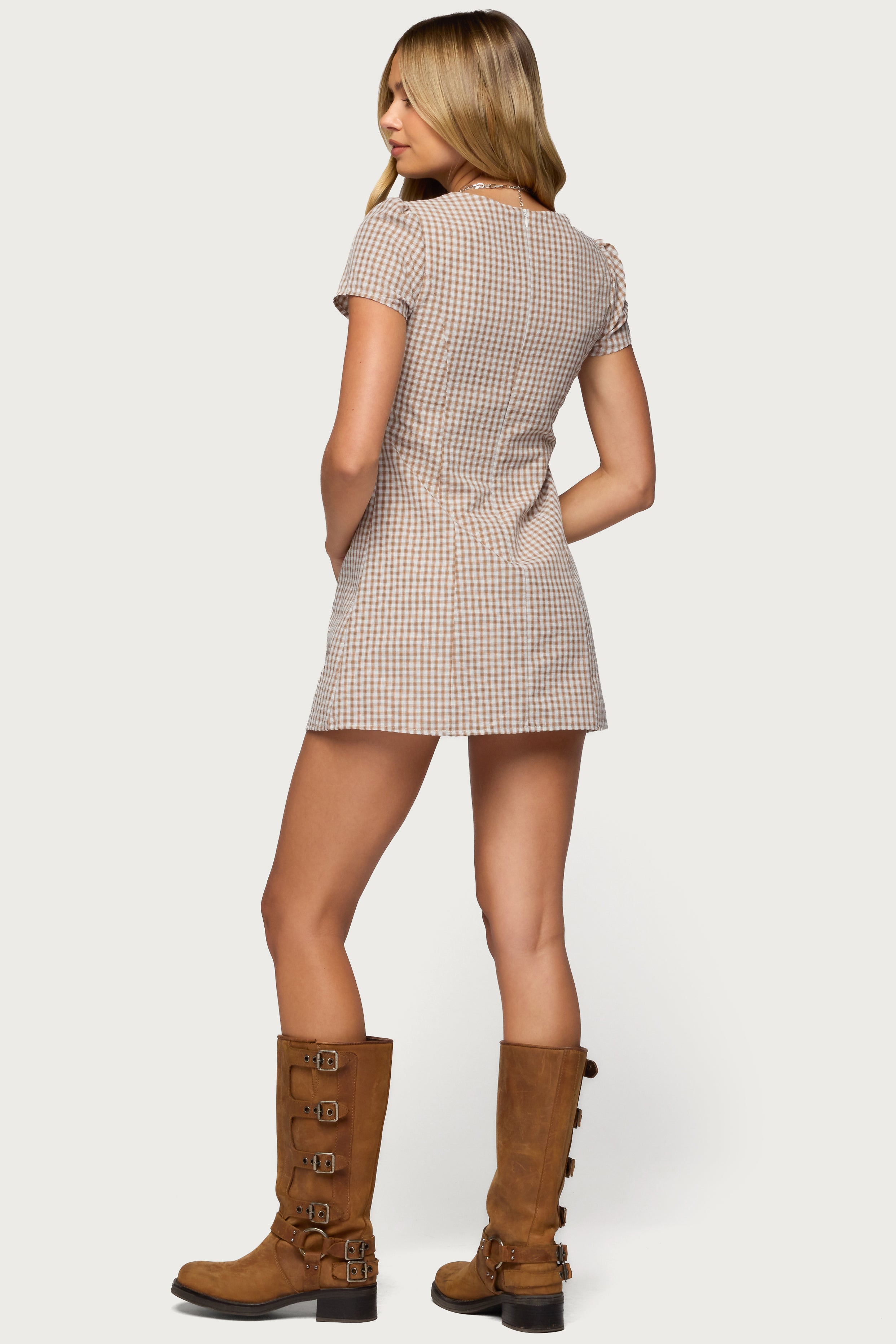 Arli Gingham Button Up Romper - BROWN
