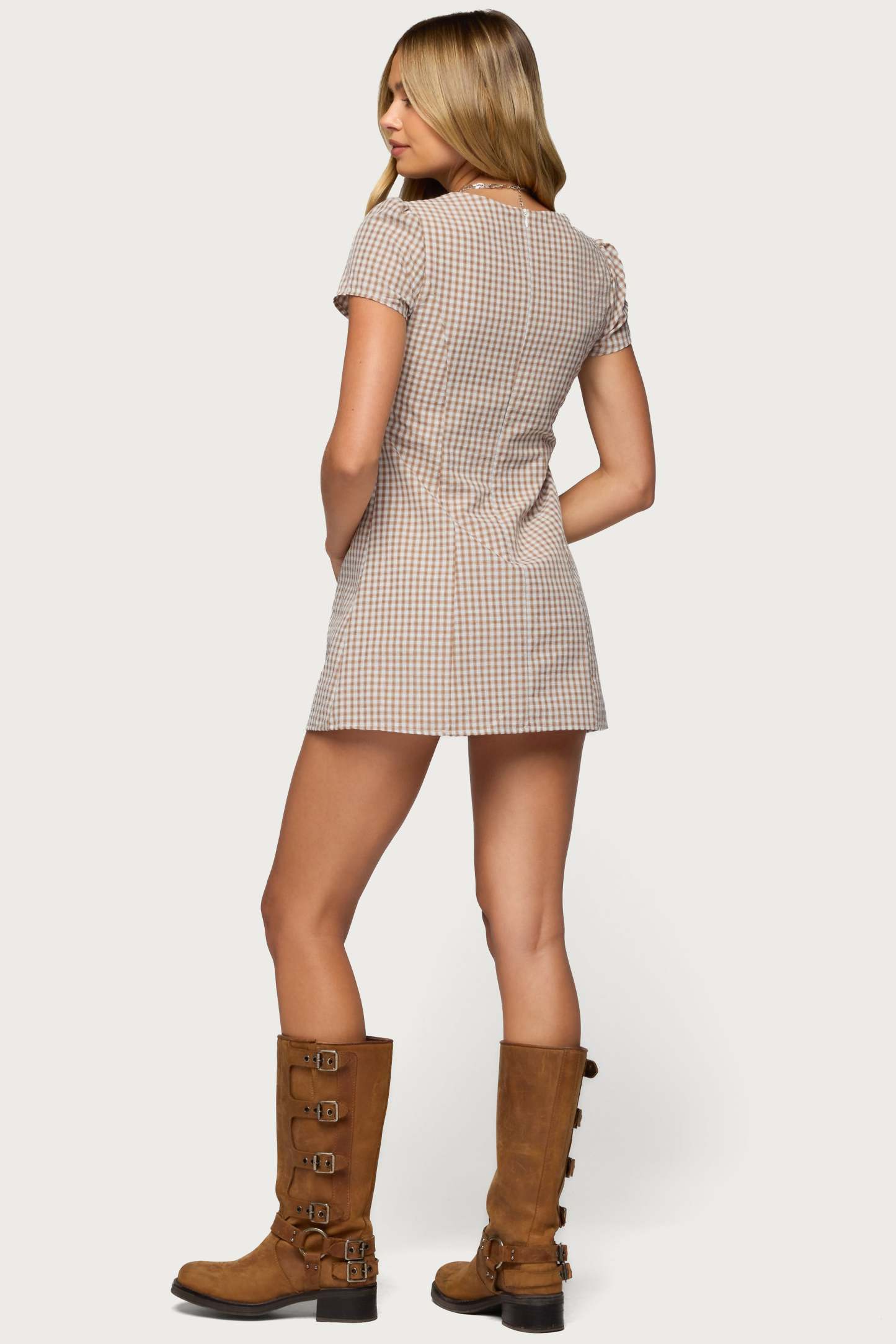 Arli Gingham Button Up Romper - BROWN