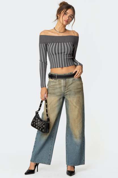 Daren Off Shoulder Knit Top - DARK GRAY