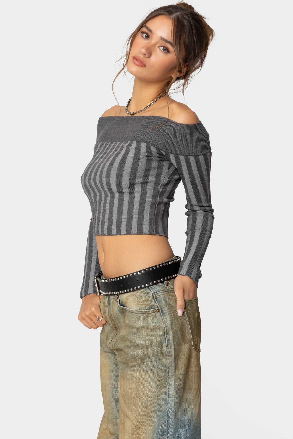 Daren Off Shoulder Knit Top - DARK GRAY