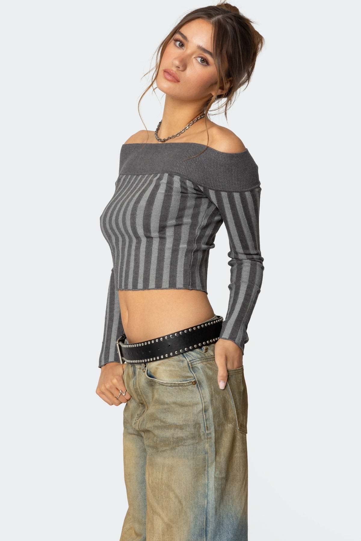 Daren Off Shoulder Knit Top - DARK GRAY