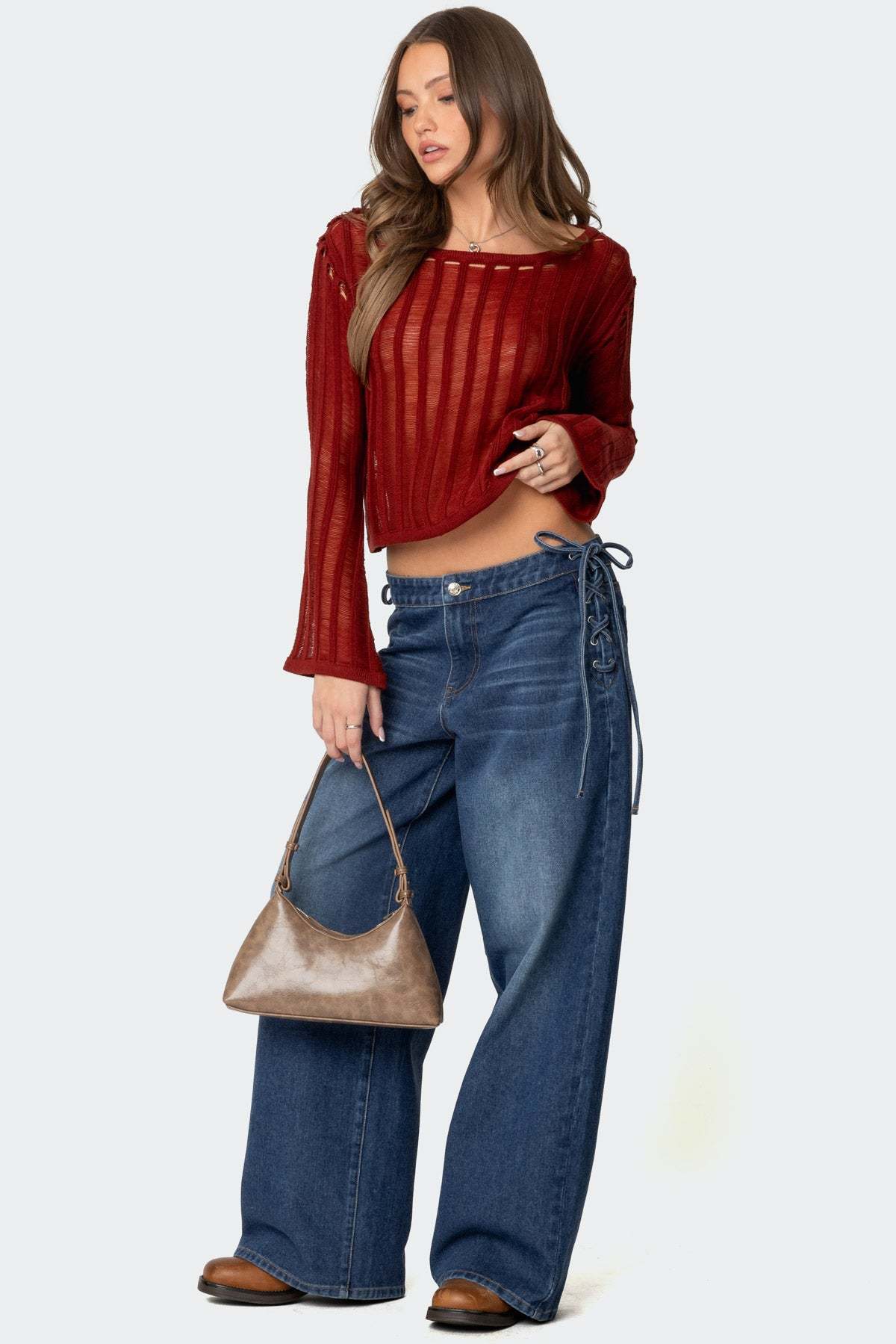 Sagir Sheer Ladder Knit Top - BURGUNDY
