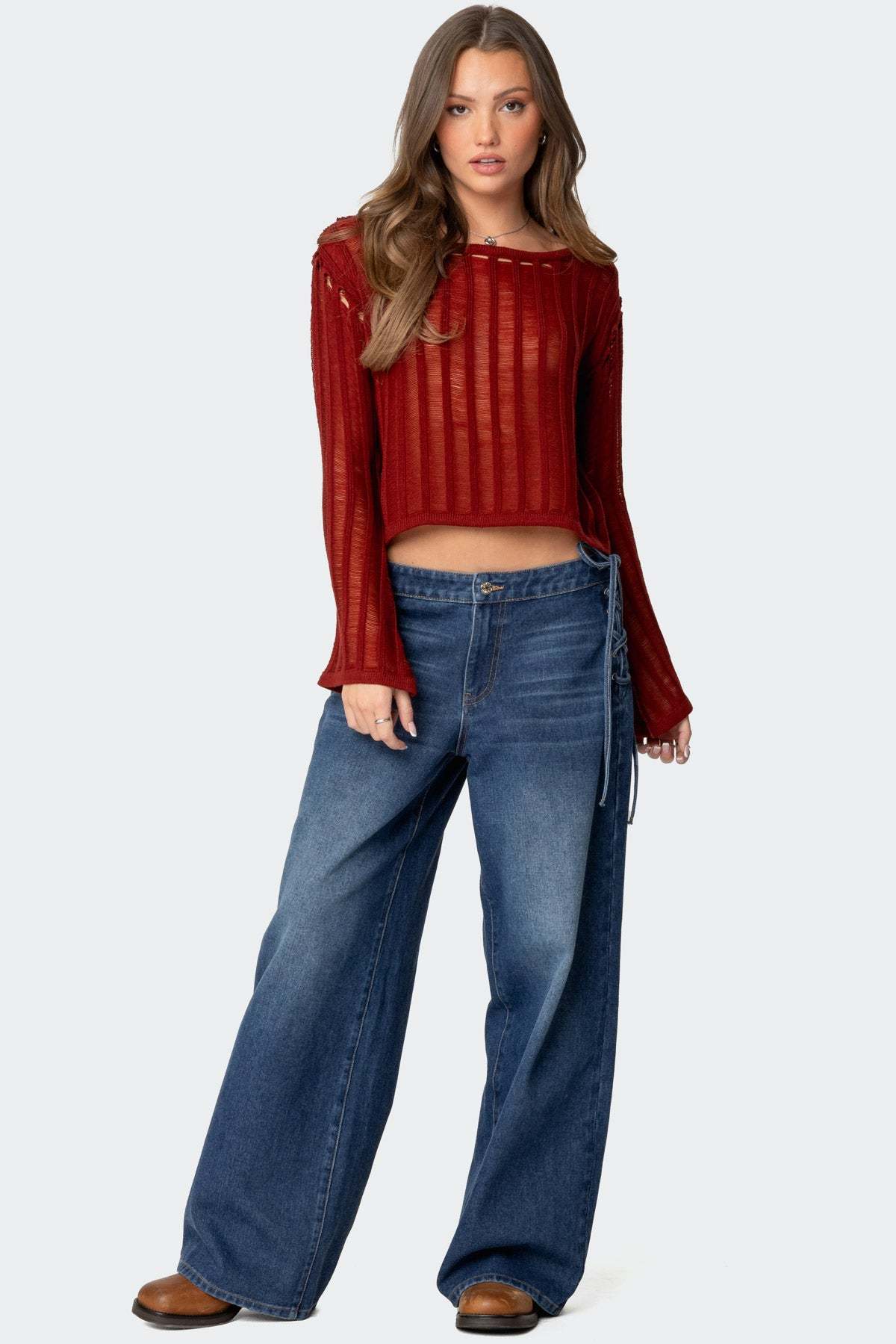 Sagir Sheer Ladder Knit Top - BURGUNDY