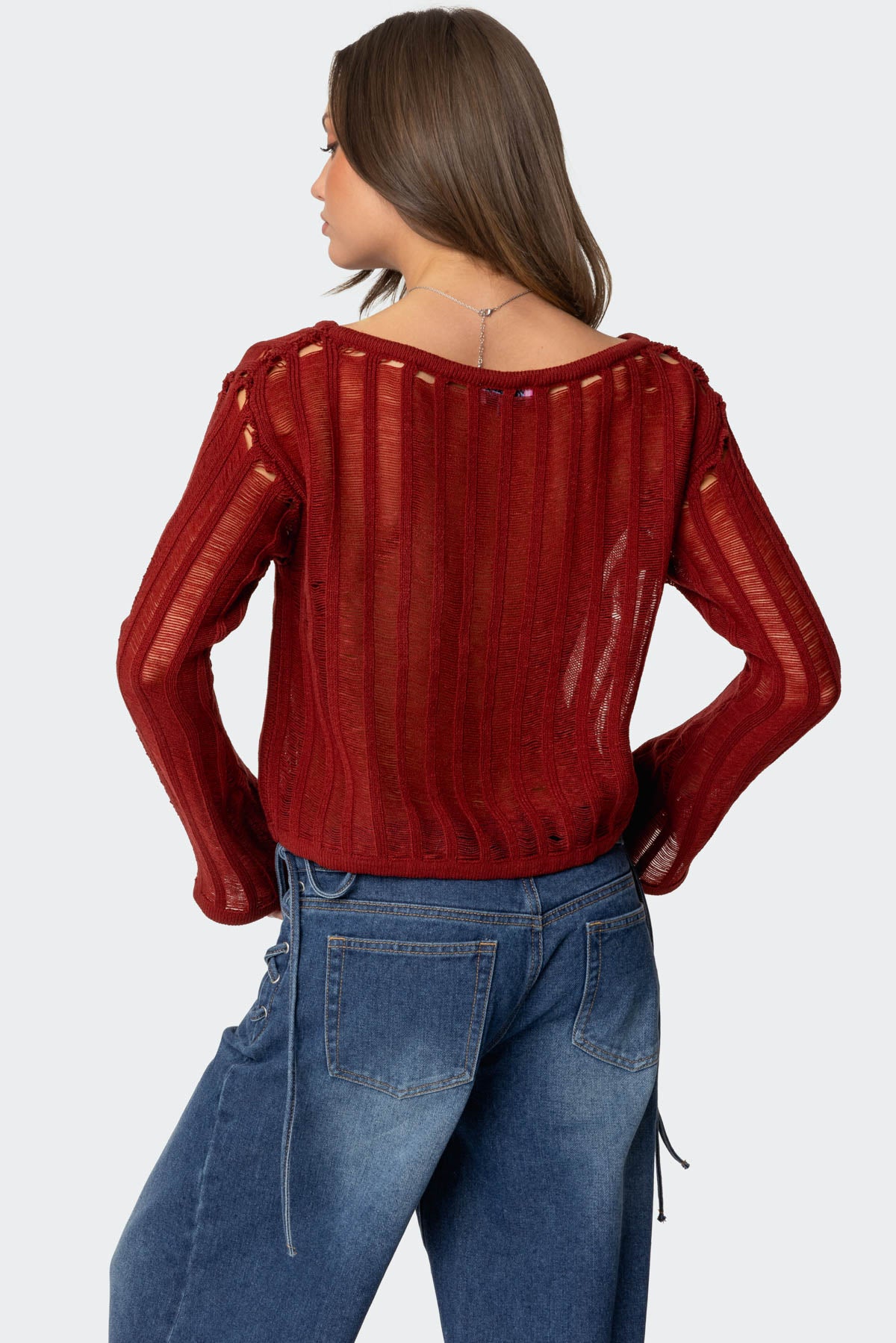 Sagir Sheer Ladder Knit Top - BURGUNDY
