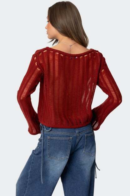 Sagir Sheer Ladder Knit Top - BURGUNDY