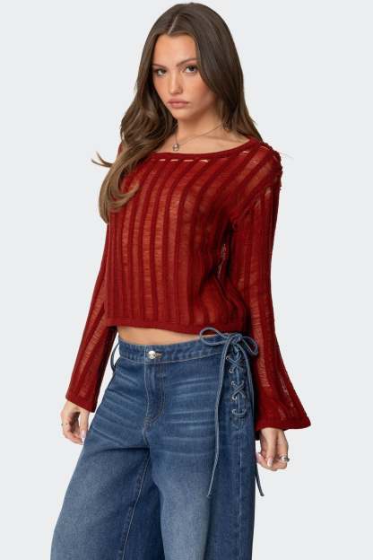 Sagir Sheer Ladder Knit Top - BURGUNDY