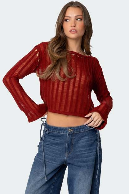 Sagir Sheer Ladder Knit Top - BURGUNDY
