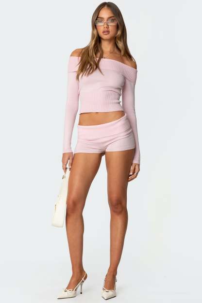 Jamie Fold Over Knit Top - LIGHT PINK
