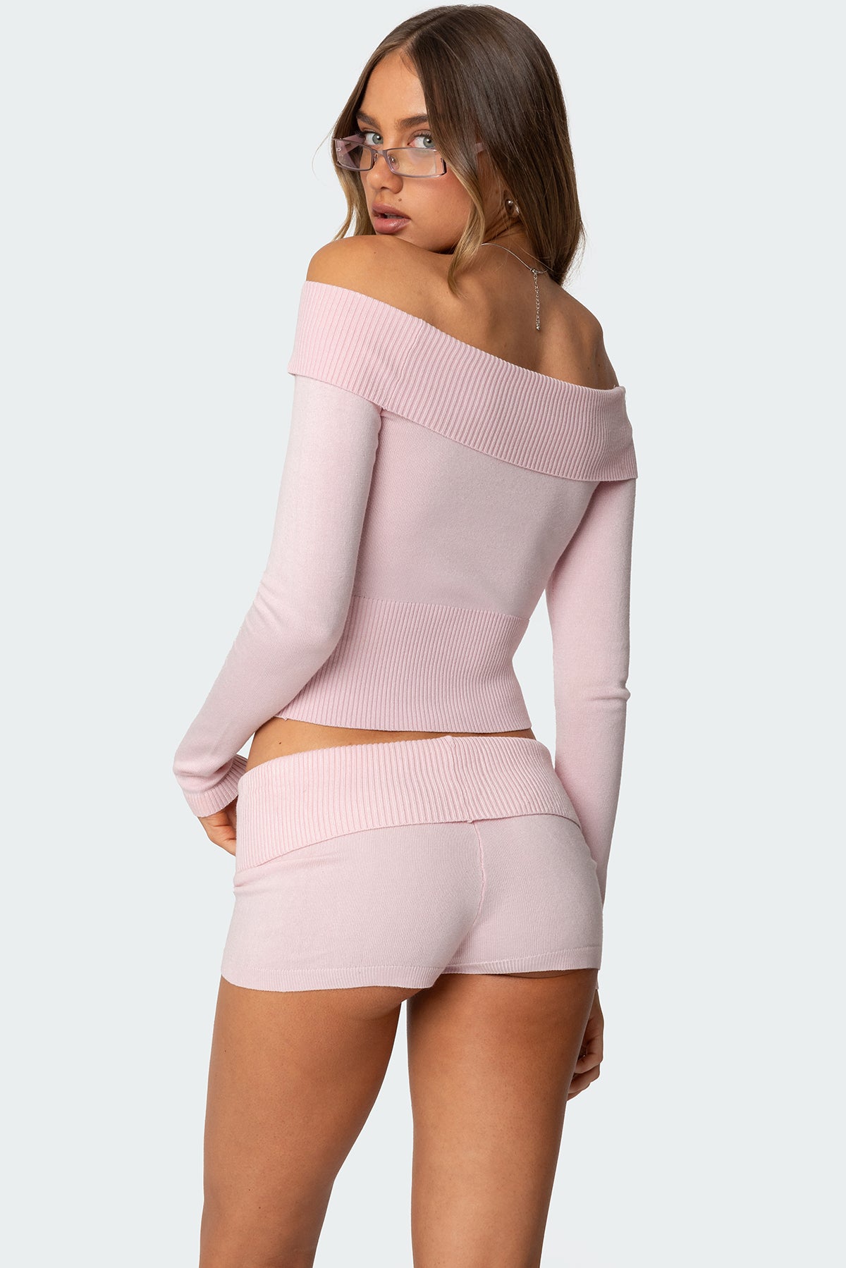 Jamie Fold Over Knit Top - LIGHT PINK
