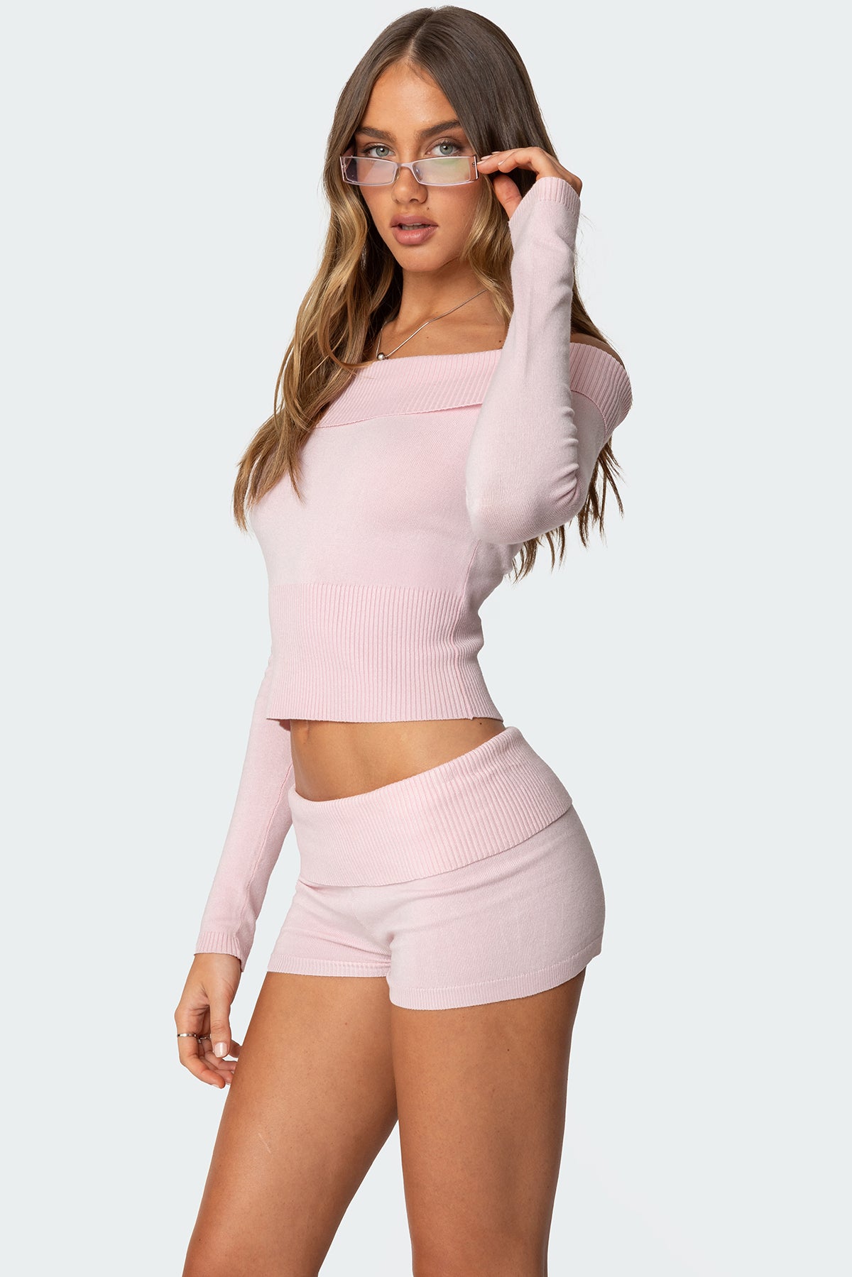Jamie Fold Over Knit Top - LIGHT PINK