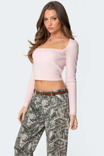 Square Neck Knit Top - LIGHT PINK