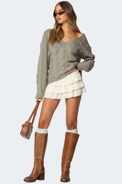 Inga Oversized Cable Knit Sweater - OLIVE