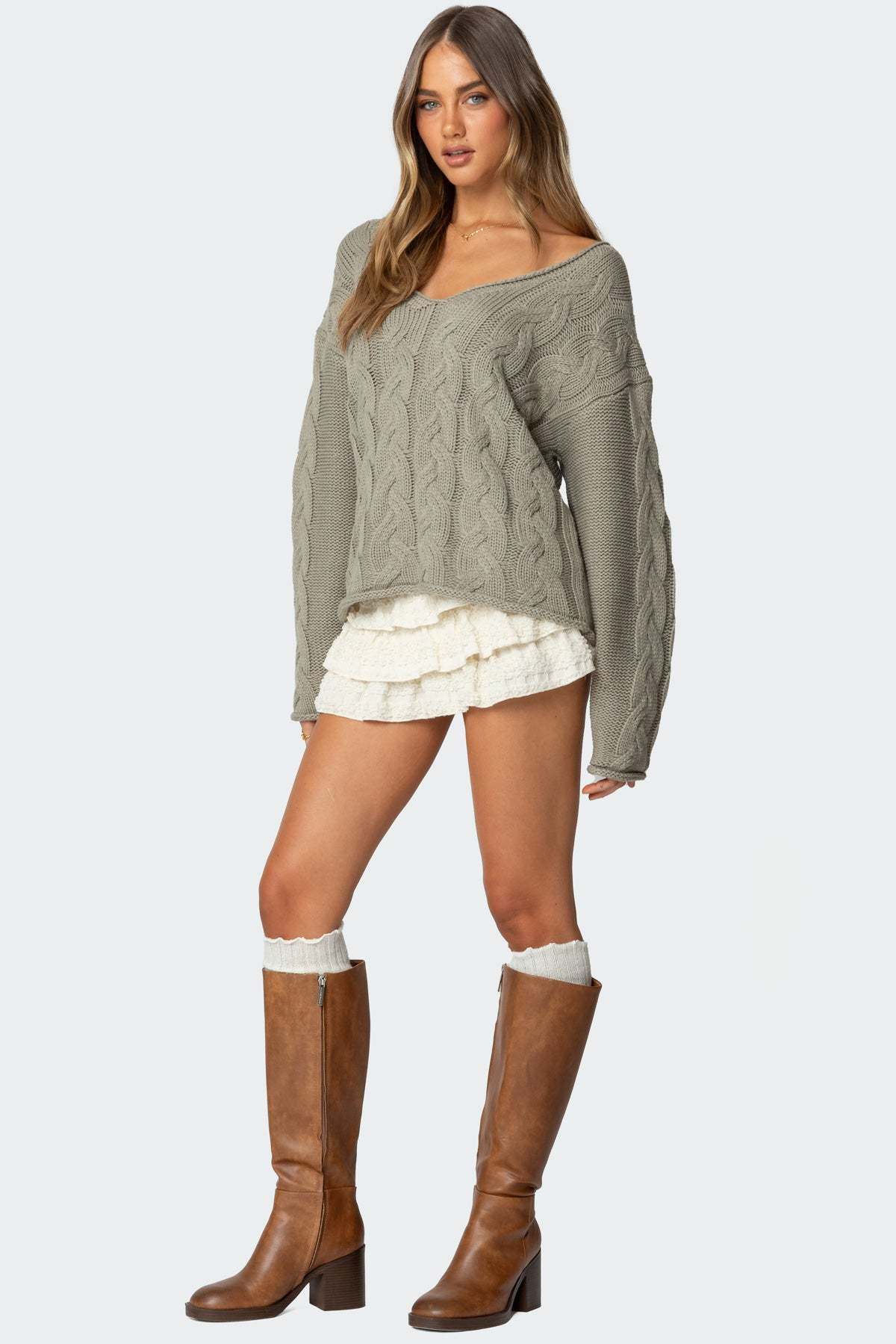Inga Oversized Cable Knit Sweater - OLIVE