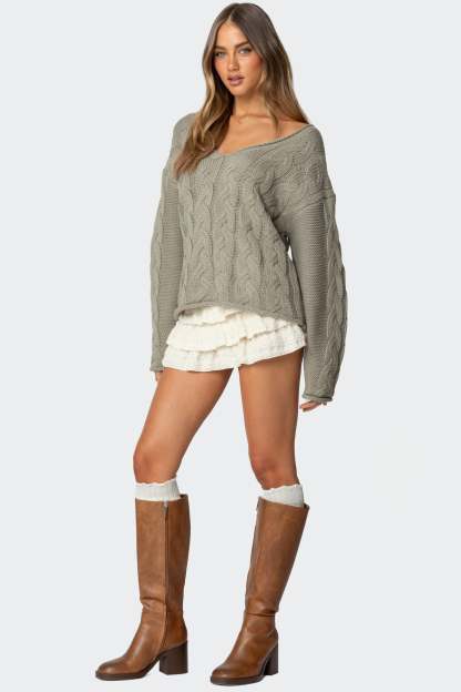 Inga Oversized Cable Knit Sweater - OLIVE