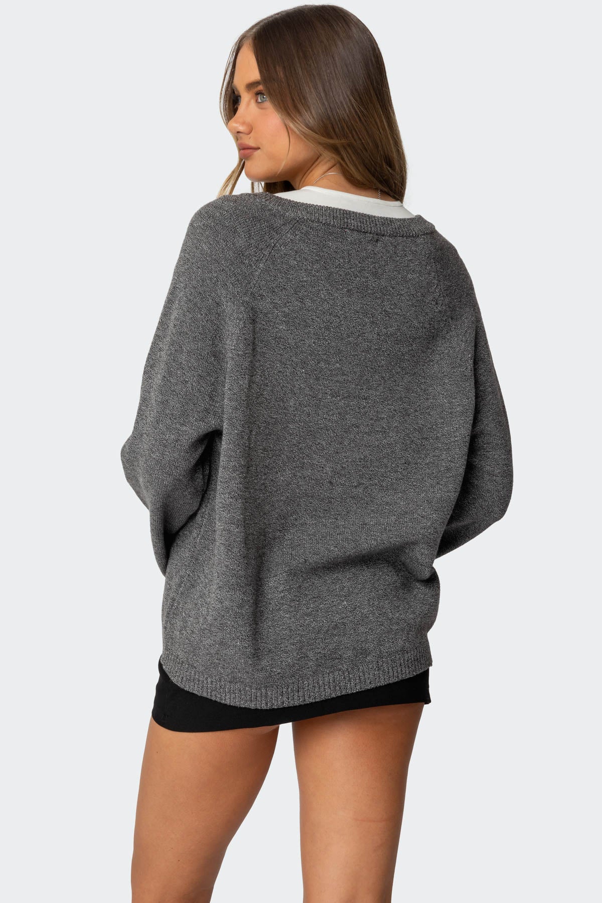 Martha Oversized V Neck Sweater - DARK GRAY MELANGE