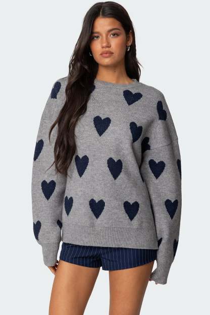 Big Heart Oversized Sweater - GRAY MELANGE