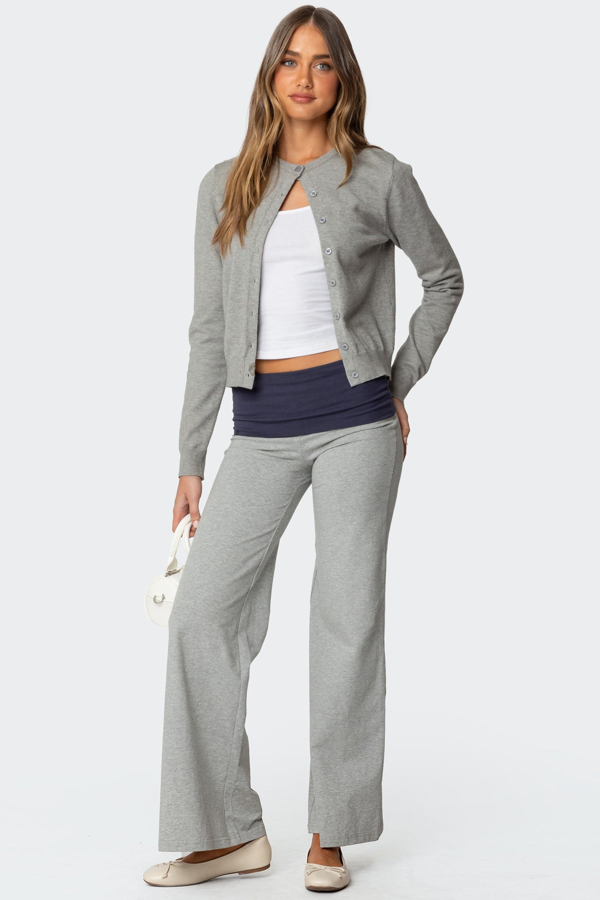 Wide Leg Contrast Foldover Pants - GRAY MELANGE