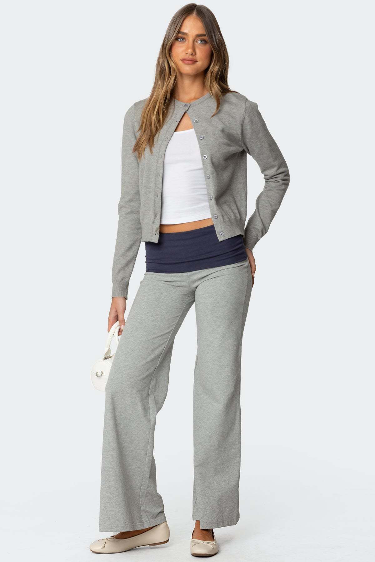 Wide Leg Contrast Foldover Pants - GRAY MELANGE