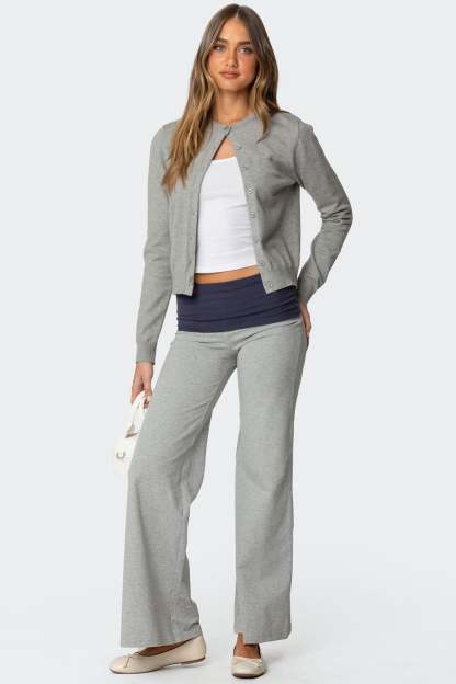 Wide Leg Contrast Foldover Pants - GRAY MELANGE