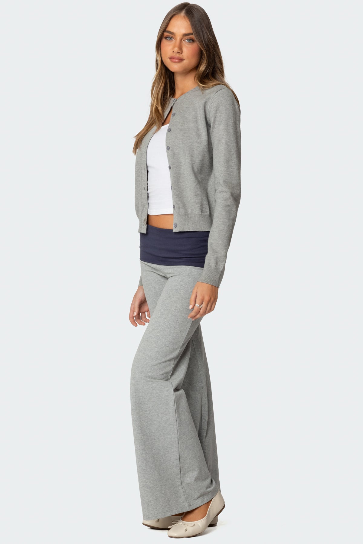 Wide Leg Contrast Foldover Pants - GRAY MELANGE