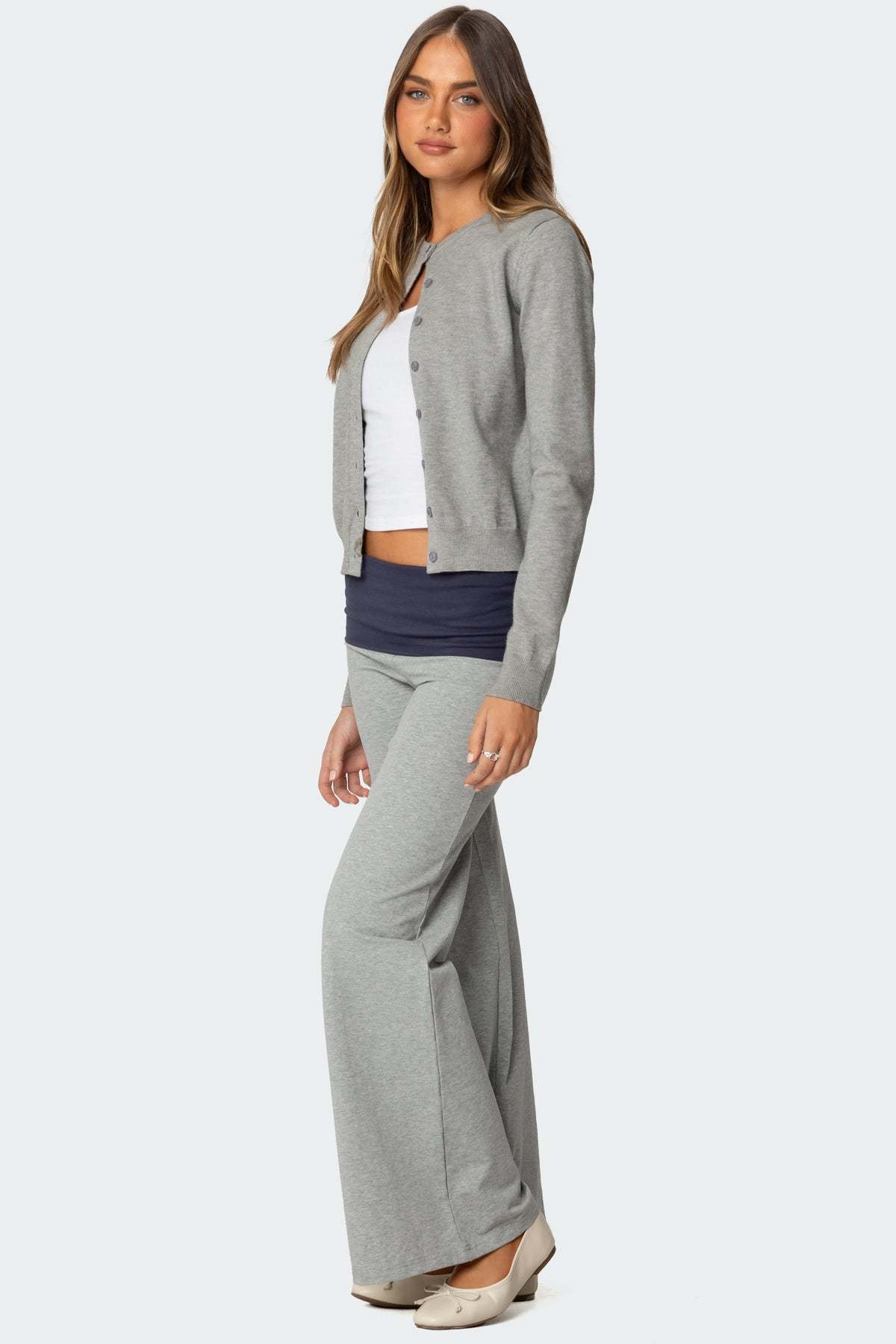 Wide Leg Contrast Foldover Pants - GRAY MELANGE
