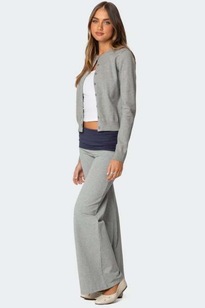 Wide Leg Contrast Foldover Pants - GRAY MELANGE