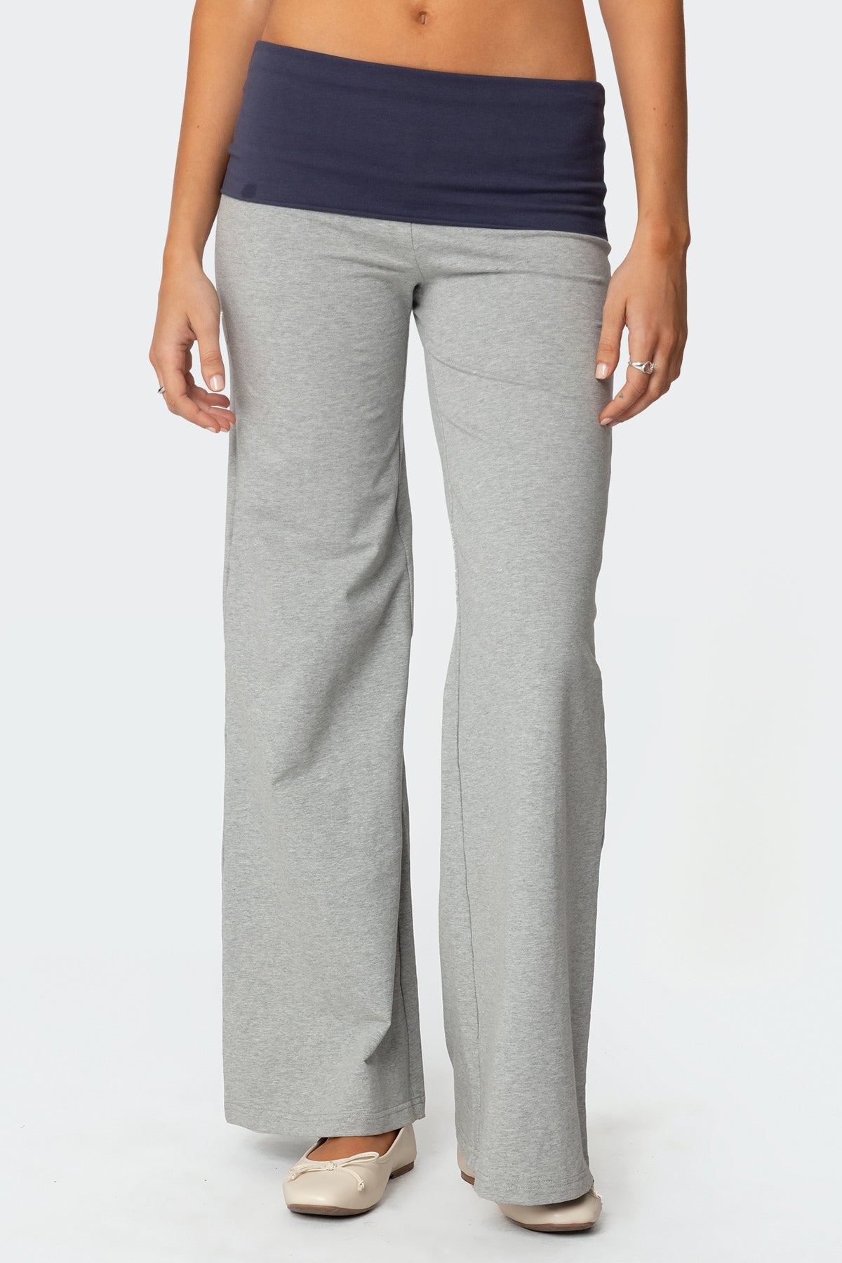 Wide Leg Contrast Foldover Pants - GRAY MELANGE