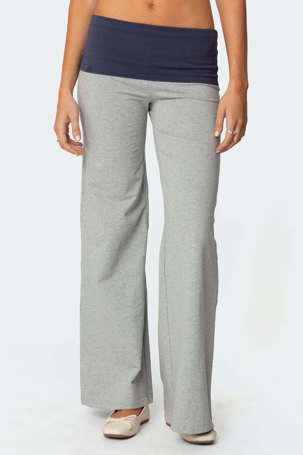 Wide Leg Contrast Foldover Pants - GRAY MELANGE